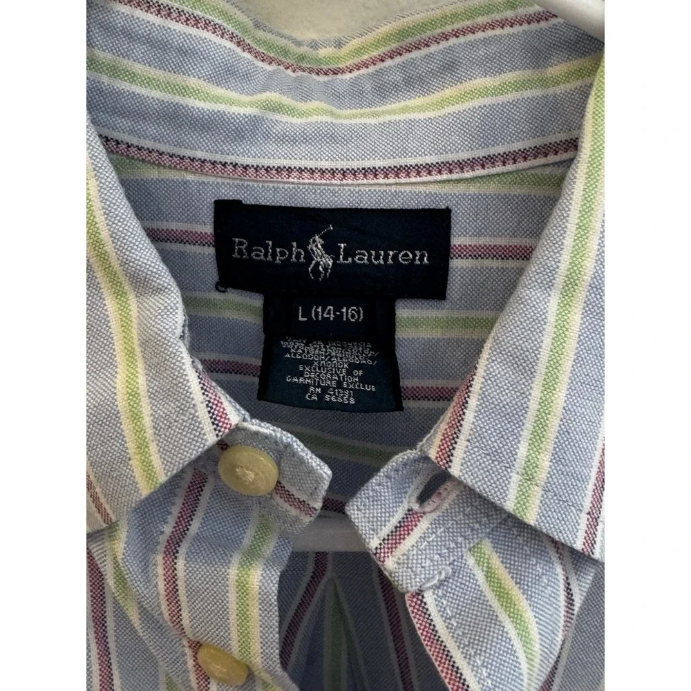 Ralph Lauren Boys Button Down L 14-16 Blue Stripe Oxford Preppy School Shirt